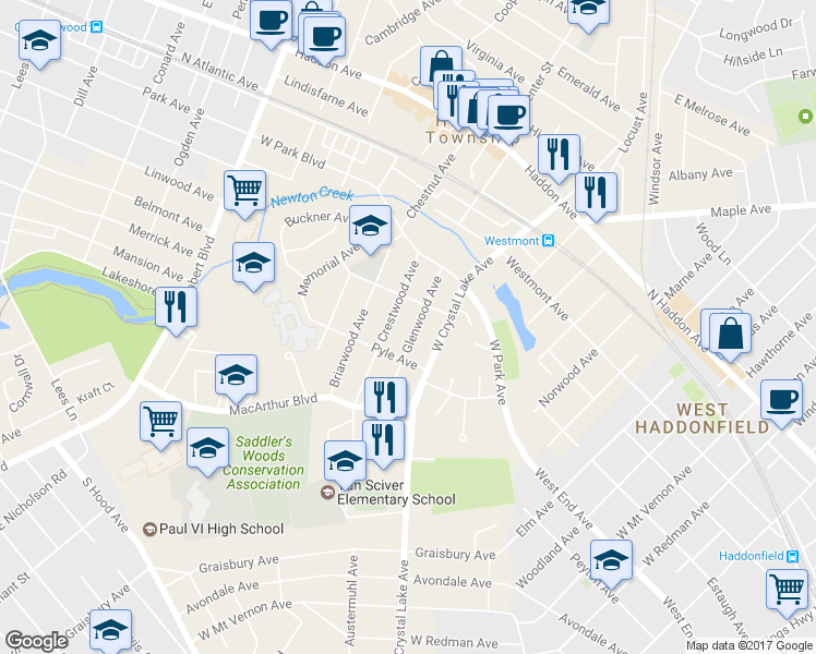 map of restaurants, bars, coffee shops, grocery stores, and more near 310 Glenwood Avenue in Haddonfield