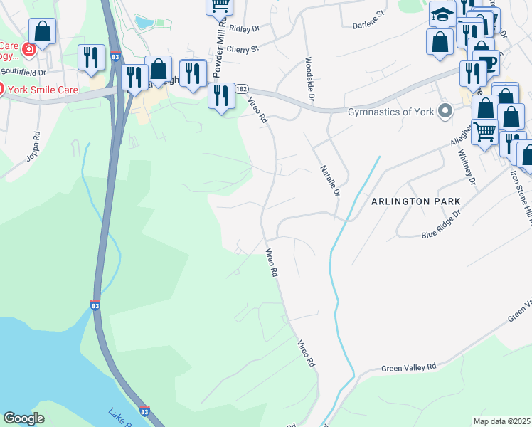 map of restaurants, bars, coffee shops, grocery stores, and more near 2713 Vireo Road in York