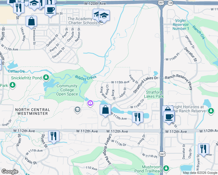 map of restaurants, bars, coffee shops, grocery stores, and more near 11468 King Court in Westminster