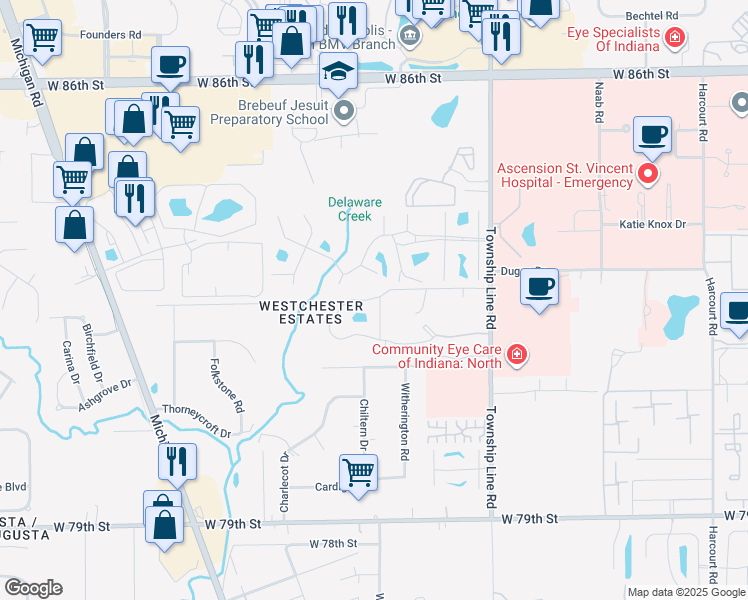 map of restaurants, bars, coffee shops, grocery stores, and more near 2715a Marquette Circle in Indianapolis
