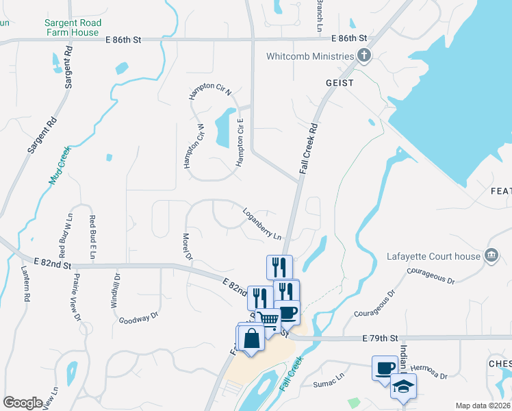 map of restaurants, bars, coffee shops, grocery stores, and more near 9814 Belcrest Lane in Indianapolis