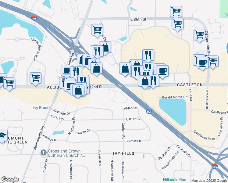 map of restaurants, bars, coffee shops, grocery stores, and more near 5637 Ivy Knoll Drive in Indianapolis