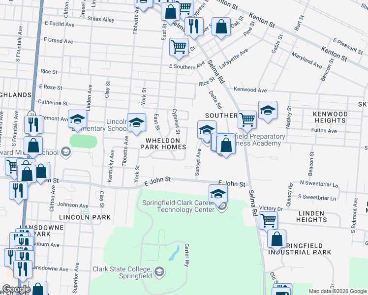 map of restaurants, bars, coffee shops, grocery stores, and more near 1640 Cypress Street in Springfield