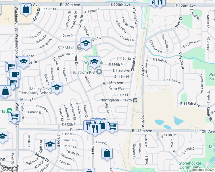 map of restaurants, bars, coffee shops, grocery stores, and more near 1912 Fisher Way in Northglenn