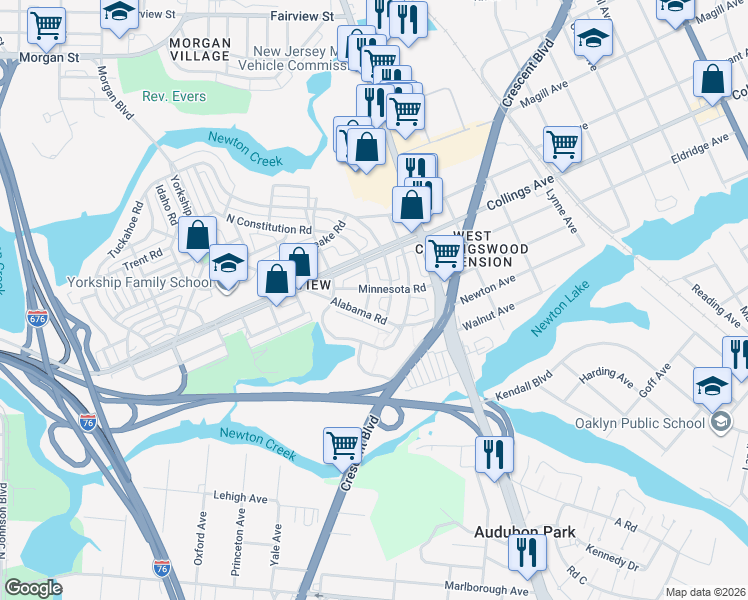 map of restaurants, bars, coffee shops, grocery stores, and more near 3124 South Constitution Road in Camden
