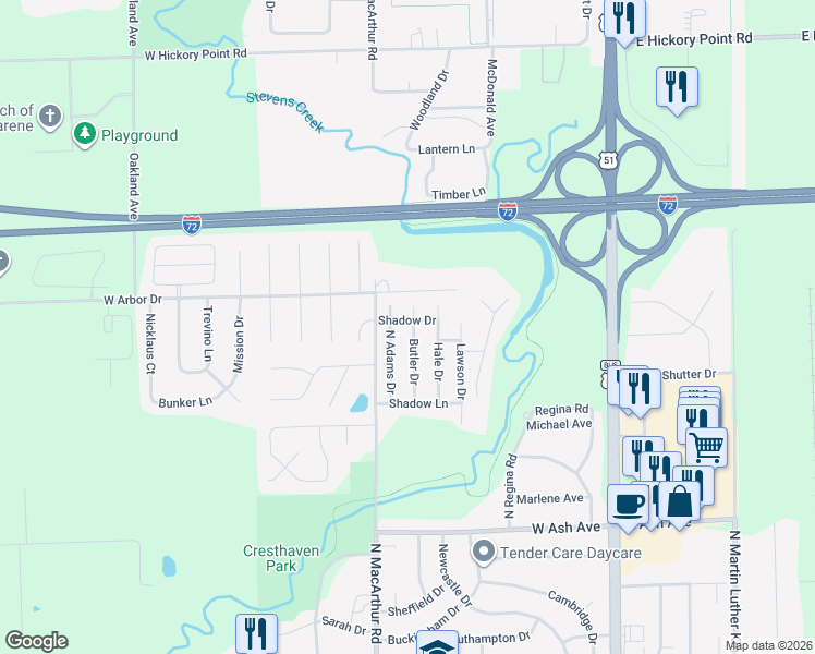 map of restaurants, bars, coffee shops, grocery stores, and more near 531 Shadow Drive in Decatur