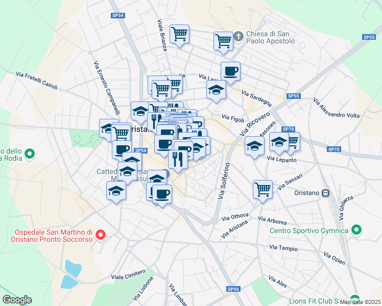 map of restaurants, bars, coffee shops, grocery stores, and more near 31 Via Parpaglia in Oristano