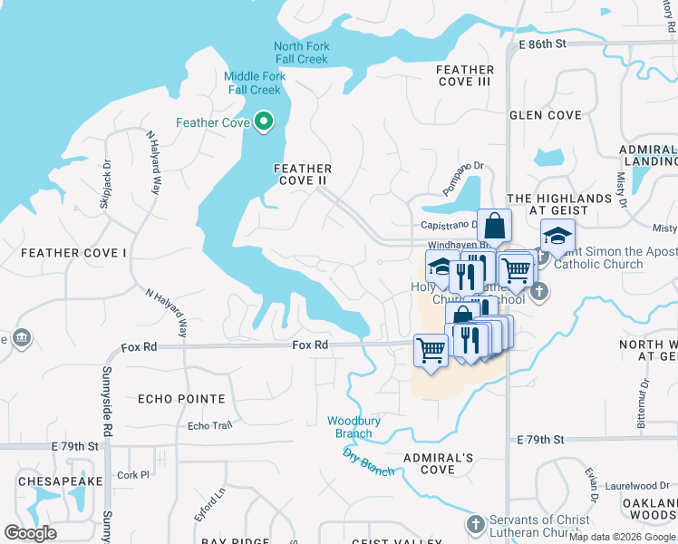 map of restaurants, bars, coffee shops, grocery stores, and more near 8176 Shorewalk Drive in Indianapolis