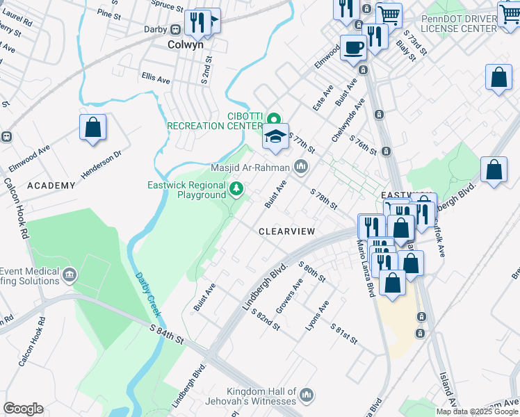 map of restaurants, bars, coffee shops, grocery stores, and more near 7915 Buist Avenue in Philadelphia