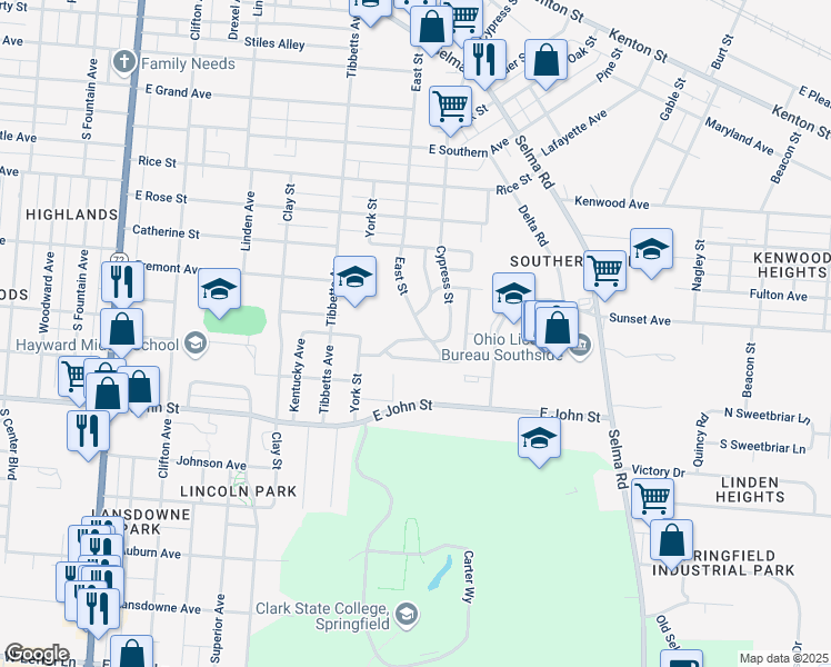 map of restaurants, bars, coffee shops, grocery stores, and more near 1641 East Street in Springfield