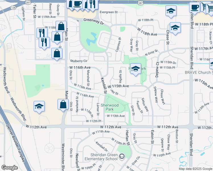 map of restaurants, bars, coffee shops, grocery stores, and more near 11502 Kendall Street in Westminster