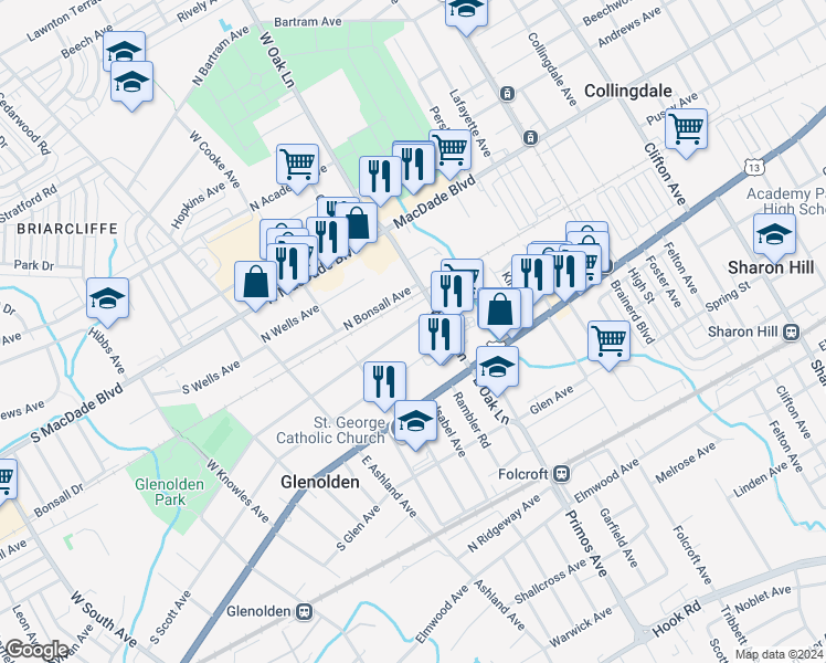 map of restaurants, bars, coffee shops, grocery stores, and more near 311 North Llanwellyn Avenue in Glenolden