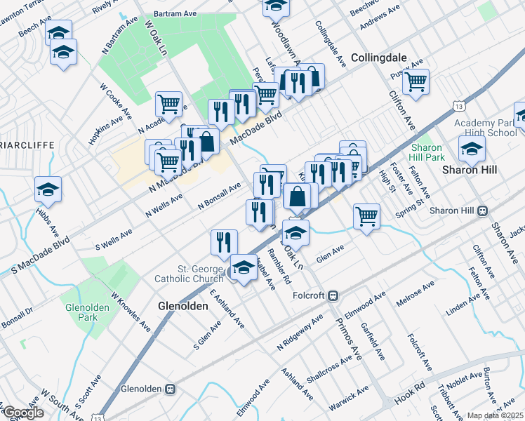 map of restaurants, bars, coffee shops, grocery stores, and more near 51 West Oak Lane in Glenolden
