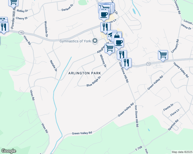map of restaurants, bars, coffee shops, grocery stores, and more near 408 Rushmore Drive in York