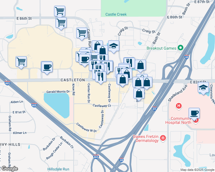 map of restaurants, bars, coffee shops, grocery stores, and more near 6505 East 82nd Street in Indianapolis
