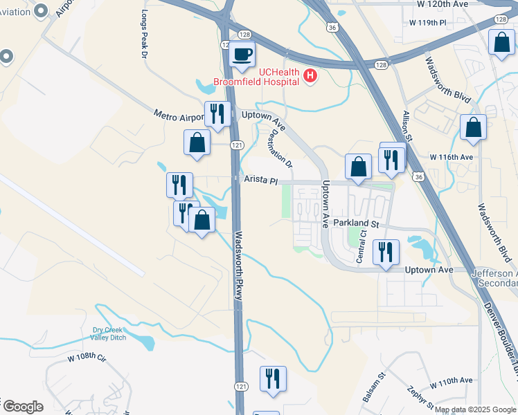 map of restaurants, bars, coffee shops, grocery stores, and more near 11469 Destination Drive in Broomfield