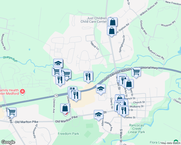 map of restaurants, bars, coffee shops, grocery stores, and more near 14 Forge Road in Medford