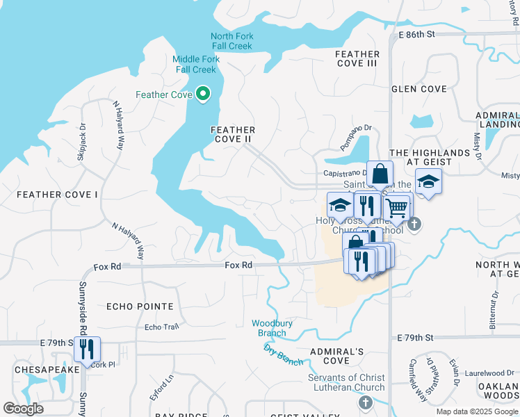 map of restaurants, bars, coffee shops, grocery stores, and more near 8176 Shorewalk Drive in Indianapolis
