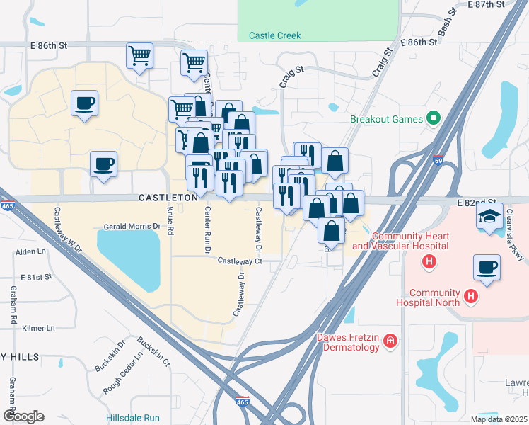 map of restaurants, bars, coffee shops, grocery stores, and more near 6505 East 82nd Street in Indianapolis