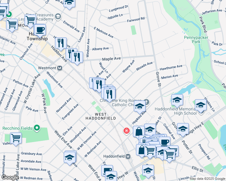 map of restaurants, bars, coffee shops, grocery stores, and more near 139 Rhoads Avenue in Haddonfield