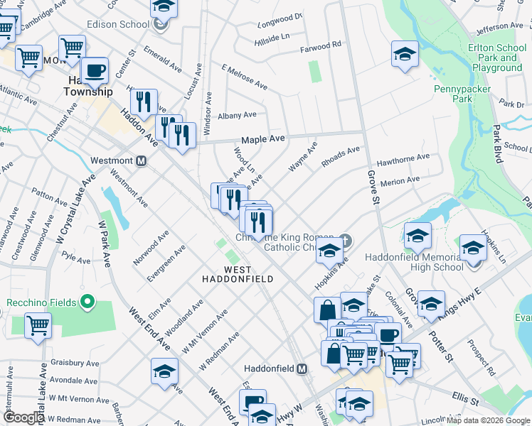 map of restaurants, bars, coffee shops, grocery stores, and more near 135 Rhoads Avenue in Haddonfield