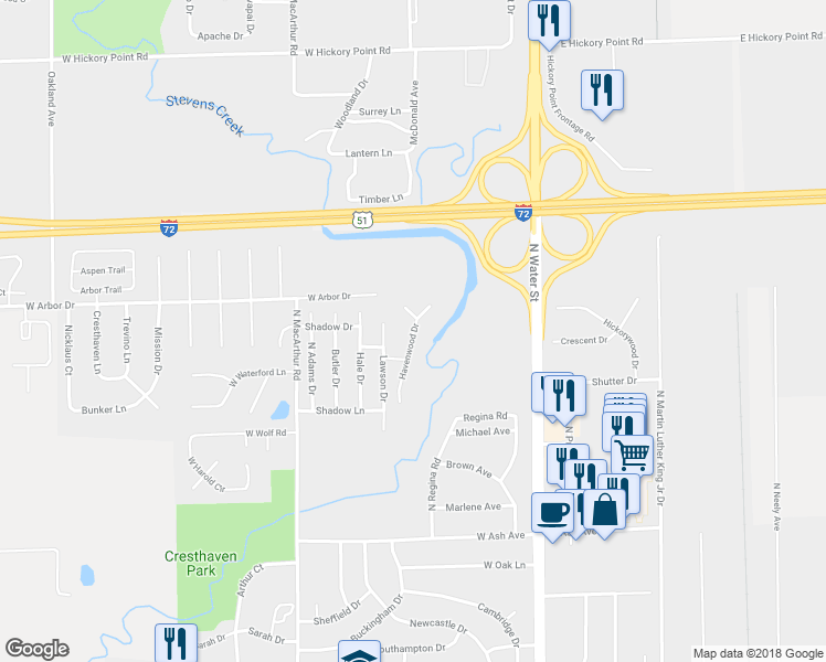 map of restaurants, bars, coffee shops, grocery stores, and more near 4565 Havenwood Drive in Decatur