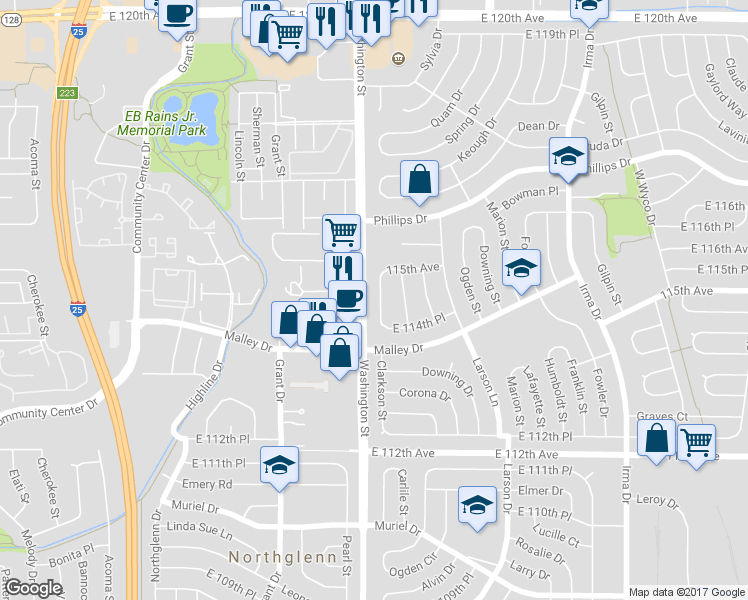 map of restaurants, bars, coffee shops, grocery stores, and more near 11461 Clarkson Street in Northglenn