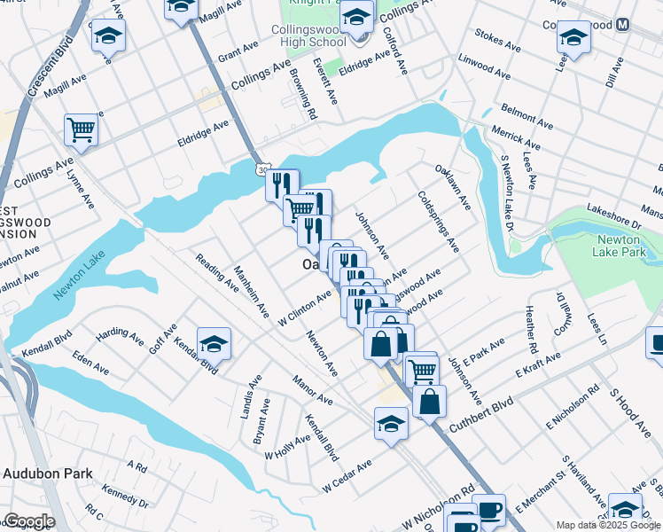 map of restaurants, bars, coffee shops, grocery stores, and more near 405 White Horse Pike in Oaklyn
