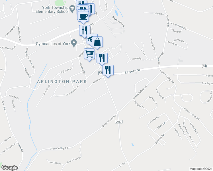 map of restaurants, bars, coffee shops, grocery stores, and more near 2760 Iron Stone Hill Road in York