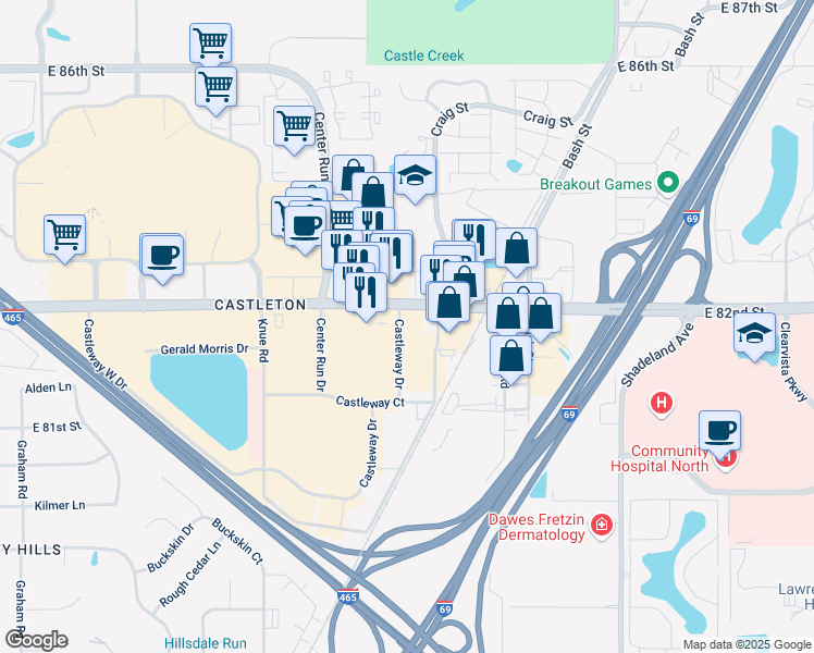 map of restaurants, bars, coffee shops, grocery stores, and more near 6535 East 82nd Street in Indianapolis
