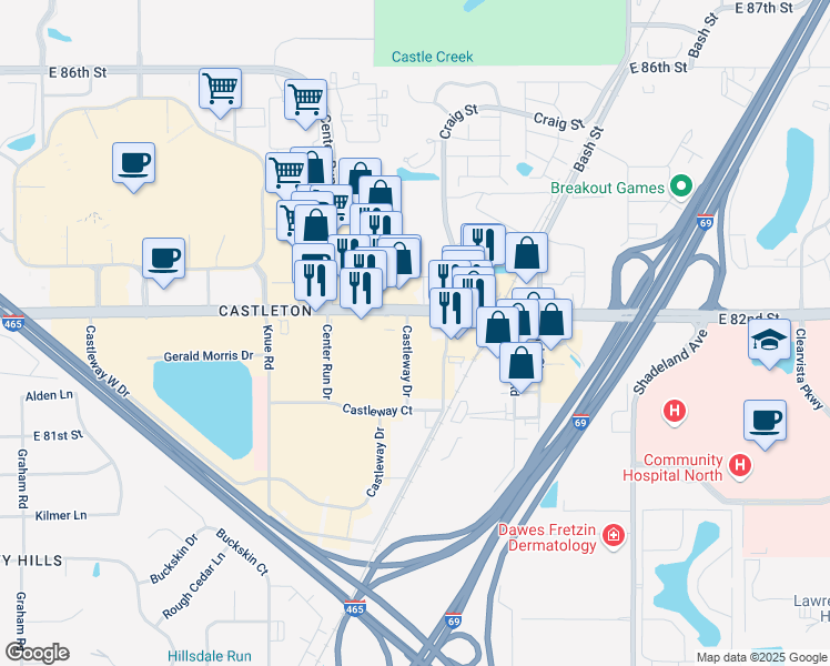 map of restaurants, bars, coffee shops, grocery stores, and more near 6535 East 82nd Street in Indianapolis