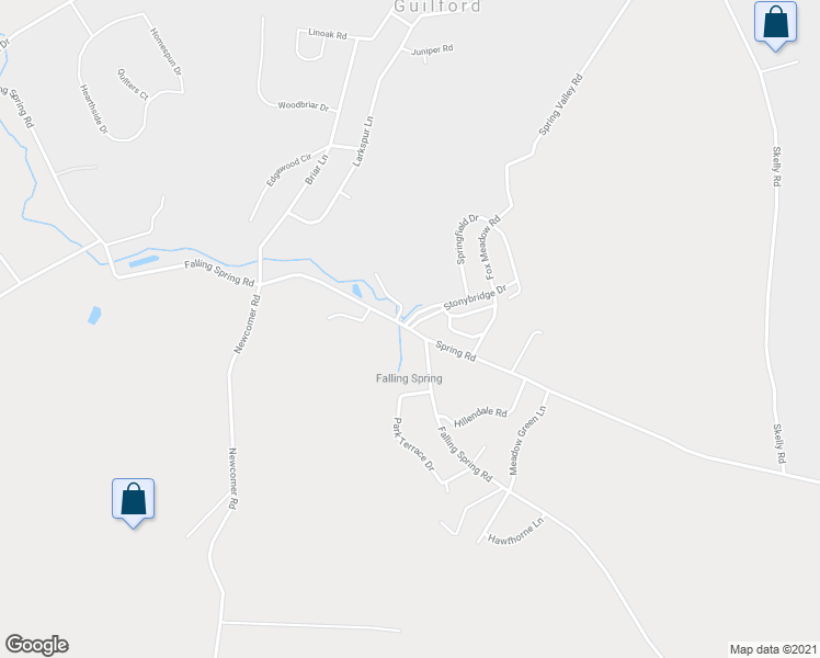 map of restaurants, bars, coffee shops, grocery stores, and more near 2253 Falling Spring Road in Guilford
