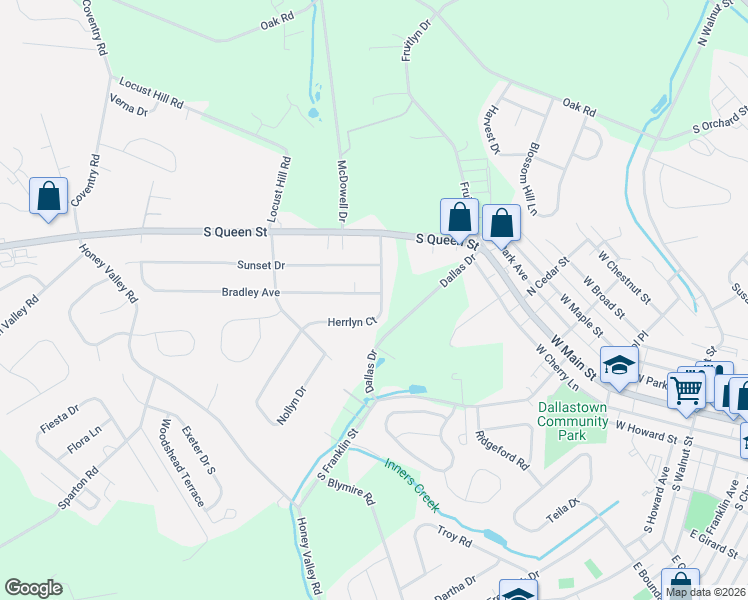 map of restaurants, bars, coffee shops, grocery stores, and more near 2988 Bradley Avenue in Dallastown