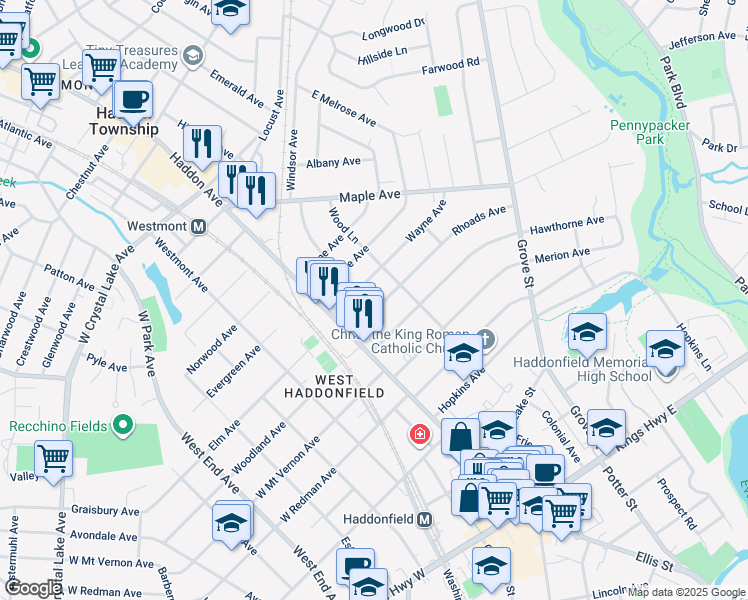 map of restaurants, bars, coffee shops, grocery stores, and more near 139 Rhoads Avenue in Haddonfield