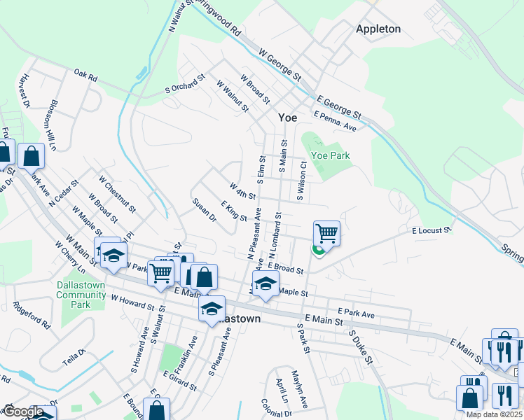 map of restaurants, bars, coffee shops, grocery stores, and more near 451 North Pleasant Avenue in Dallastown