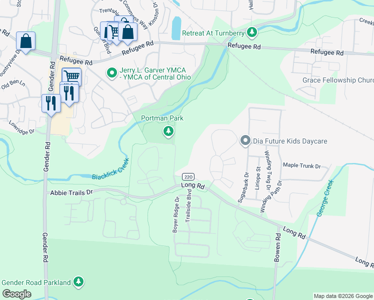 map of restaurants, bars, coffee shops, grocery stores, and more near 7050-7182 Long Road in Canal Winchester