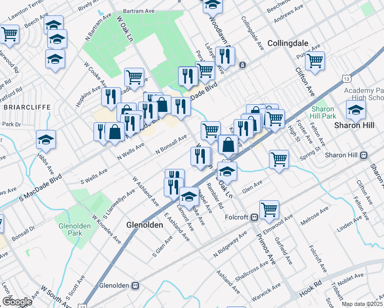map of restaurants, bars, coffee shops, grocery stores, and more near 317 North Llanwellyn Avenue in Glenolden