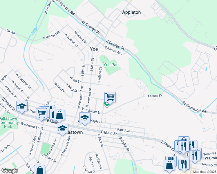 map of restaurants, bars, coffee shops, grocery stores, and more near 72 East 4th Street in Yoe