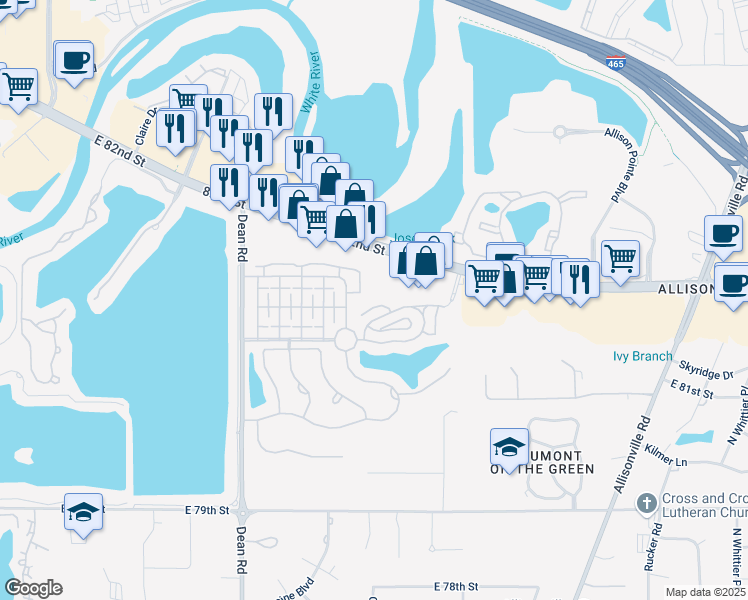 map of restaurants, bars, coffee shops, grocery stores, and more near 4517 East 82nd Street in Indianapolis