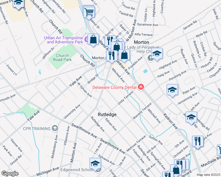 map of restaurants, bars, coffee shops, grocery stores, and more near 10 Linden Avenue in Rutledge