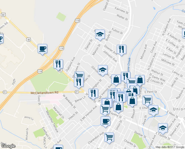 map of restaurants, bars, coffee shops, grocery stores, and more near 70 Stockton Avenue in Uniontown