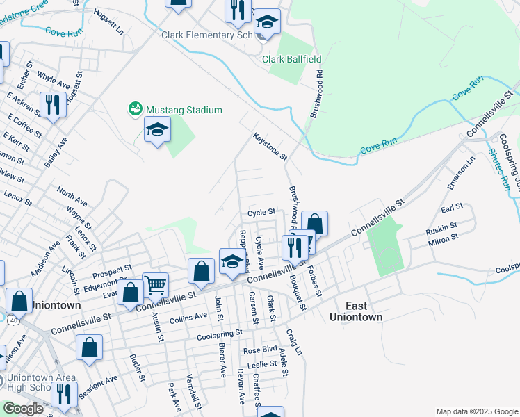 map of restaurants, bars, coffee shops, grocery stores, and more near 23 Cycle Street in Uniontown