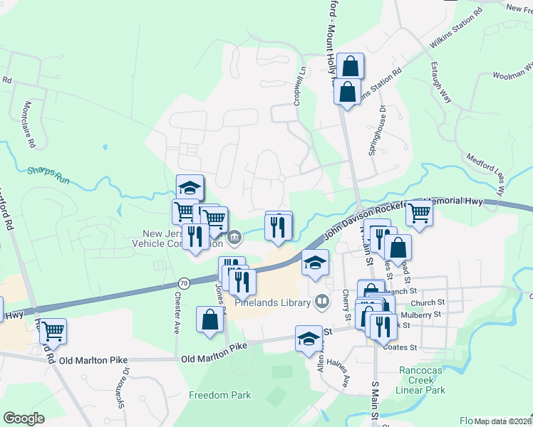 map of restaurants, bars, coffee shops, grocery stores, and more near 47 Eaves Mill Road in Medford