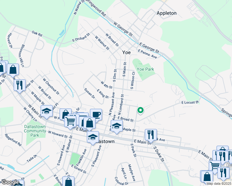 map of restaurants, bars, coffee shops, grocery stores, and more near 451 North Pleasant Avenue in Dallastown