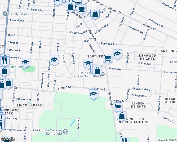 map of restaurants, bars, coffee shops, grocery stores, and more near 1615 Selma Road in Springfield