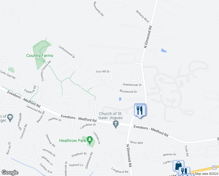 map of restaurants, bars, coffee shops, grocery stores, and more near 10 Woodthrush Court in Evesham