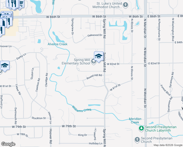 map of restaurants, bars, coffee shops, grocery stores, and more near 502 Round Hill Rd in Indianapolis