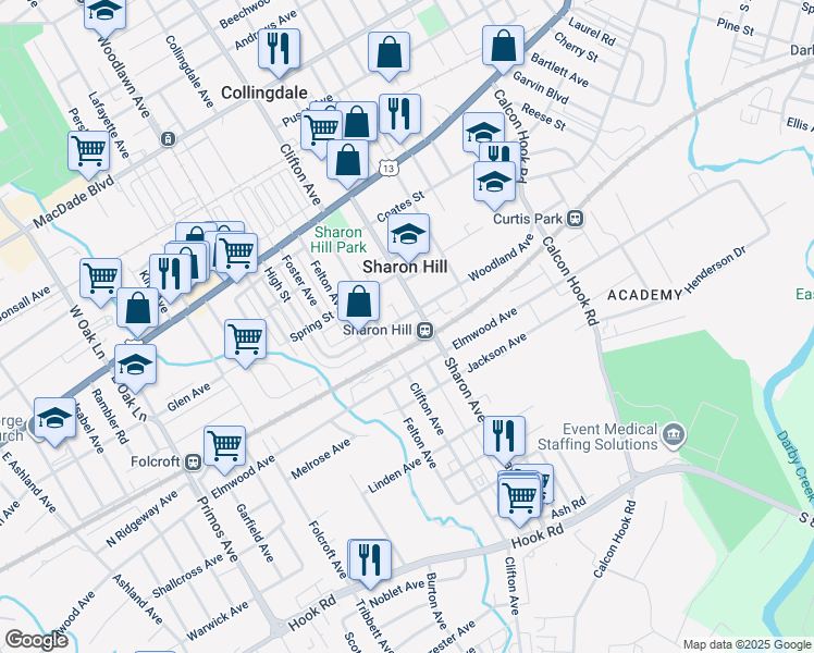 map of restaurants, bars, coffee shops, grocery stores, and more near 1119 Woodland Avenue in Sharon Hill