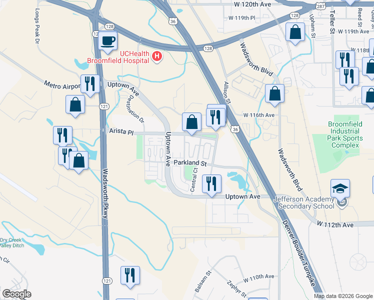 map of restaurants, bars, coffee shops, grocery stores, and more near 11450 Colony Row in Broomfield