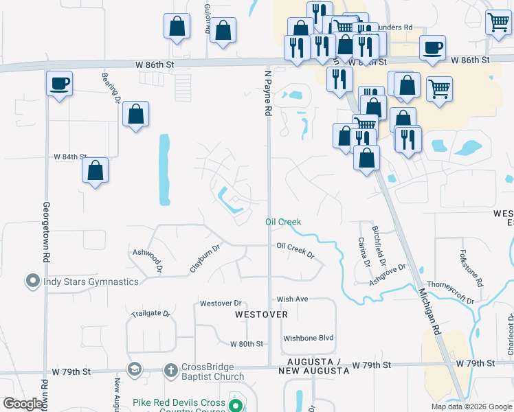 map of restaurants, bars, coffee shops, grocery stores, and more near 4005 Point Bar Road in Indianapolis